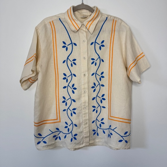 VRG Grl Blouse Sunsets Capri Linen Natural Button Down Collared Embroidered Sz 8 - Picture 2 of 16